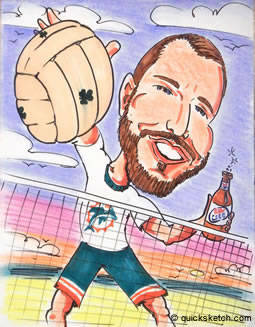 caricature of a guy playing beach volleyball Characatures by Marty